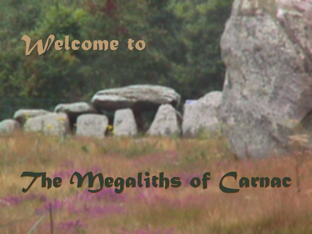 Megaliths of Carnac: Kermario dolmen with alignment standing stones in foreground